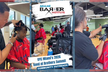 Miami Barber Institute students and Lead Instructor Tomás Castillo provide free haircuts during OYC Miami's 2026 Band of Brothers Summit.