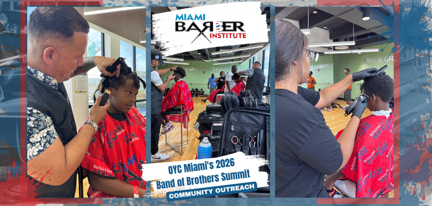 Miami Barber Institute students and Lead Instructor Tomás Castillo provide free haircuts during OYC Miami's 2026 Band of Brothers Summit.