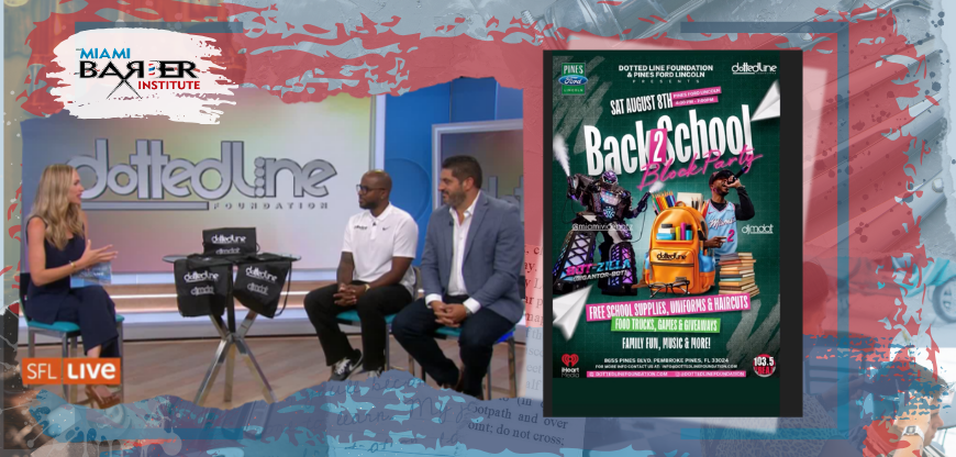 Miami Barber Institute team participating in DJ M DOT's Back 2 School Block Party, providing community support for students and families.